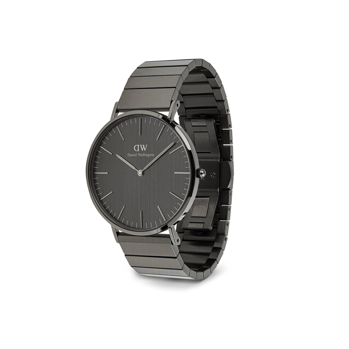 Classic Piano Link Graphite Unitone men's watch with a 40mm brushed graphite dial, minimalist markers, and a stainless steel piano link bracelet in a matte graphite finish.