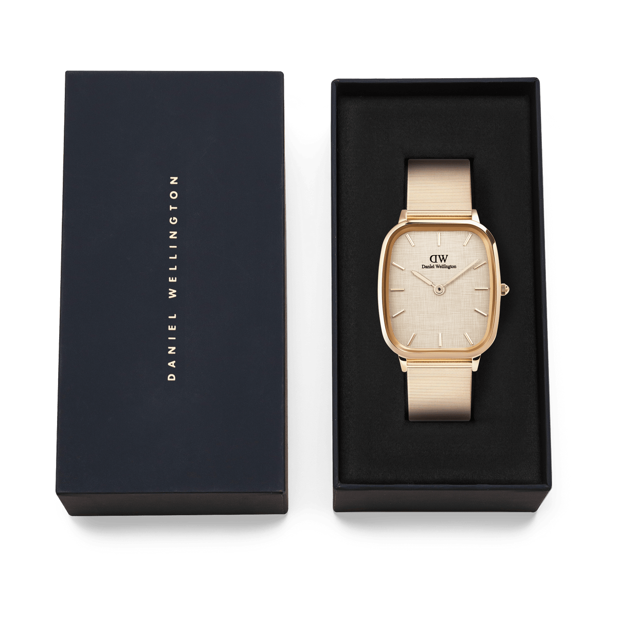 Marlon Wire Linen Rose Gold watch with a rectangular rose gold case and linen-textured dial, presented in its original Daniel Wellington gift box.