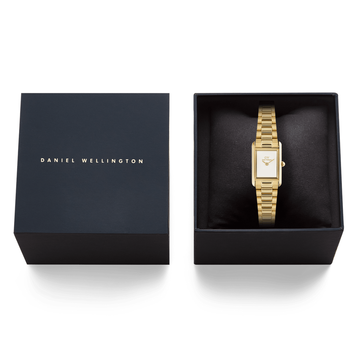 Bound Mini 3-Link Gold watch presented in a sleek black Daniel Wellington gift box, showcasing its polished gold rectangular case and classic 3-link bracelet on a cushioned interior.