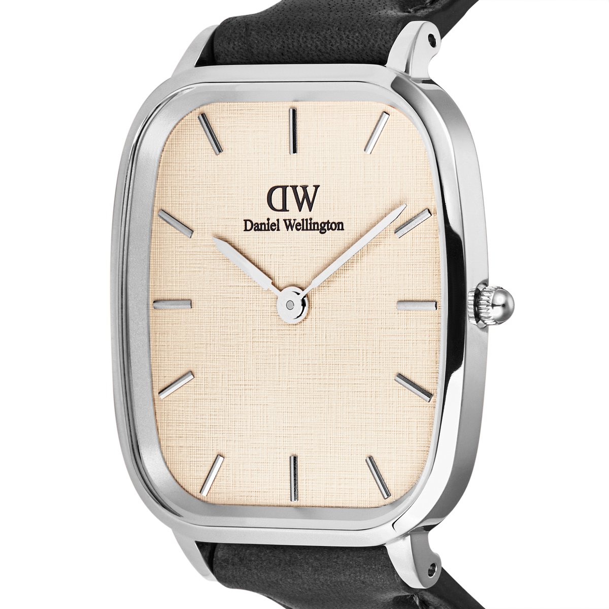 Close-up of the Marlon Sheffield Linen Silver men’s watch highlighting the rectangular stainless steel case, linen-textured beige dial, minimalist silver markers, and black leather strap.