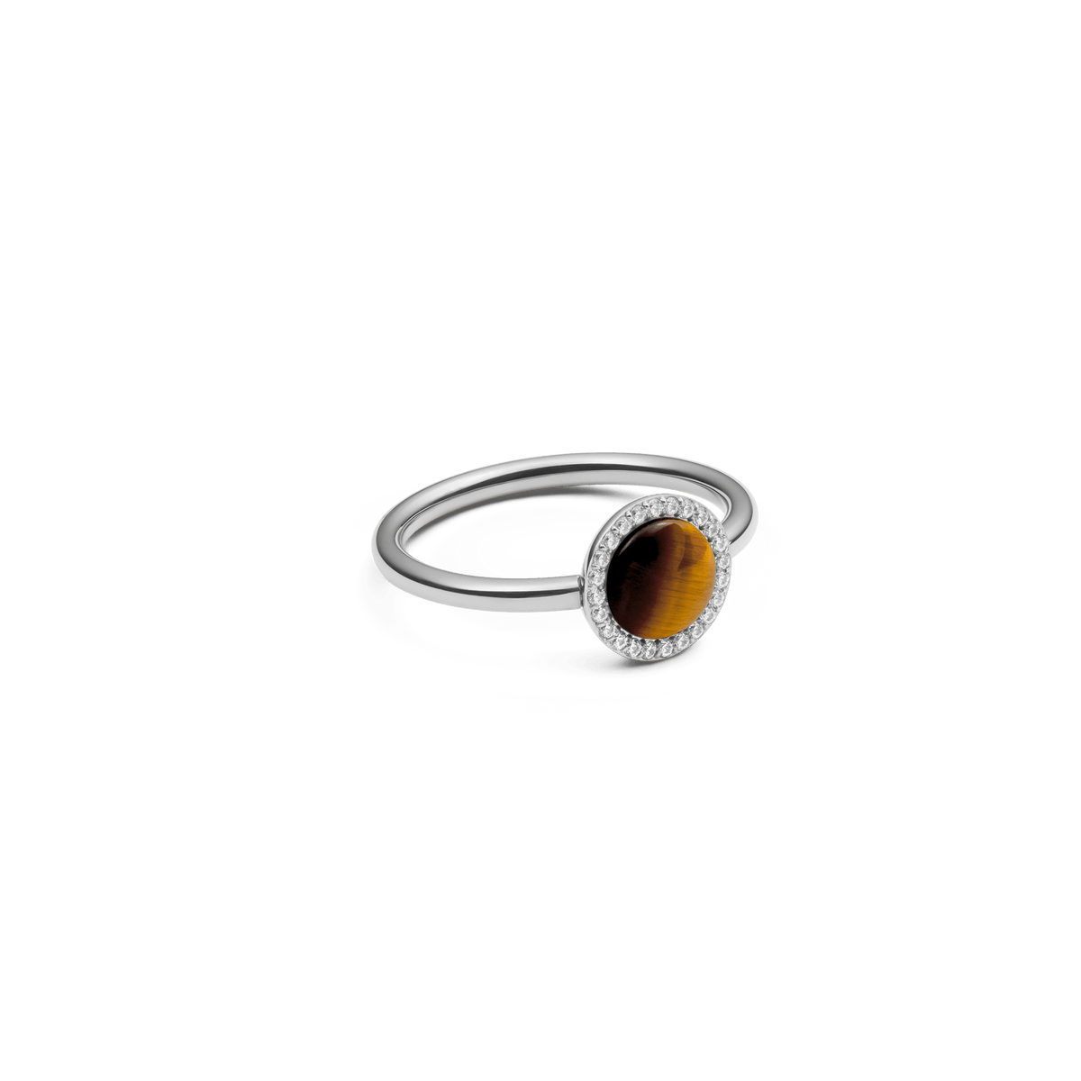 Audrey Ring Tiger Eye Silver with a slim silver band, featuring a round tiger eye gemstone framed by a halo of white cubic zirconia crystals.