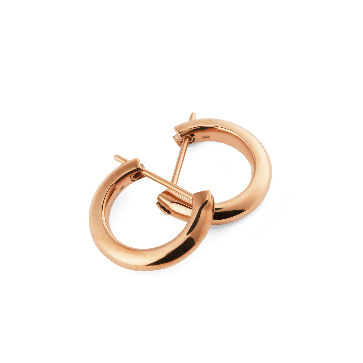 A pair of Arch Earring Rose Gold 9mm hoop earrings in polished rose gold, featuring a slim, rounded design with a secure pin closure and a smooth, modern finish.