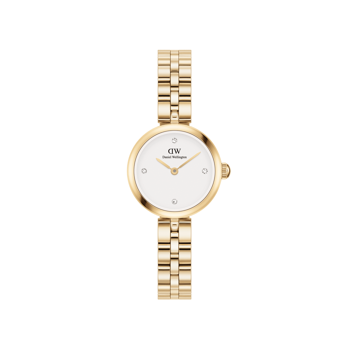 Elan Lumine Gold ladies watch with a petite 22mm gold case, white dial featuring crystal hour markers, and a classic three-link gold bracelet.