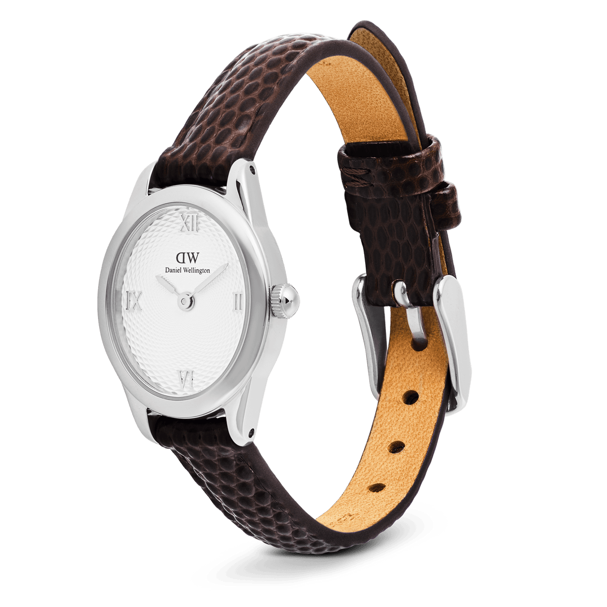 Ophelia Mini Dark Brown Lizard White Guilloché Silver watch with an oval polished silver case, white guilloché dial, Roman numerals, and adjustable brown lizard-embossed leather strap with a pin buckle.