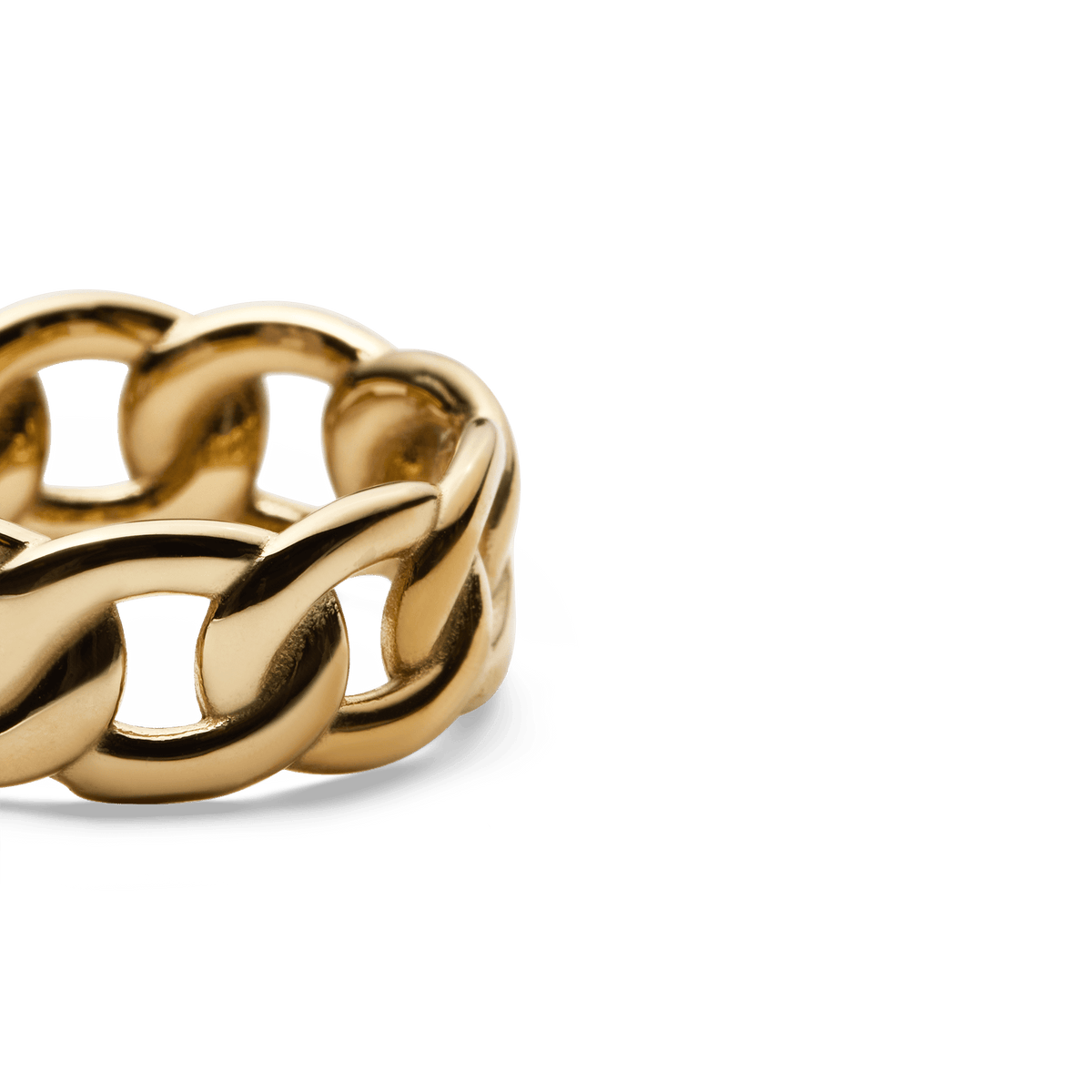 Close-up of the Chunky Chain Ring Gold, highlighting its polished gold links and smooth, sculpted contours for a bold, modern jewellery look.