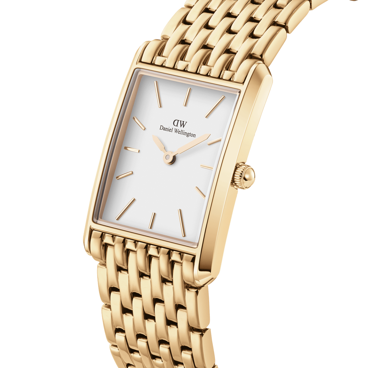 Bound 9-Link Gold watch with a rectangular 18k gold plated case, minimalist white dial, and integrated 9-link gold bracelet, shown in a close-up angled view highlighting its polished finish and geometric design.