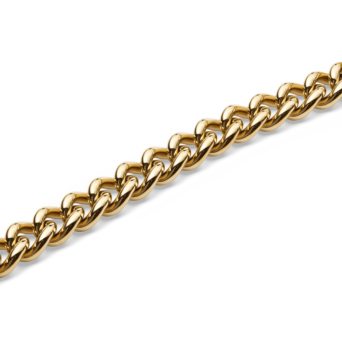 Close-up of the Chunky Chain Necklace Gold showing the polished, rounded gold links and smooth PVD gold finish, highlighting the necklace’s bold and modern design.