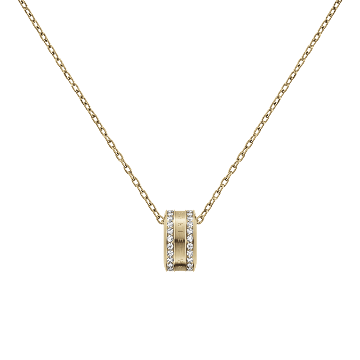 Gold Elan Lumine Necklace featuring a polished ring pendant with two rows of sparkling crystals on a delicate cable chain, ideal for layering or wearing alone for a refined, minimalist look.