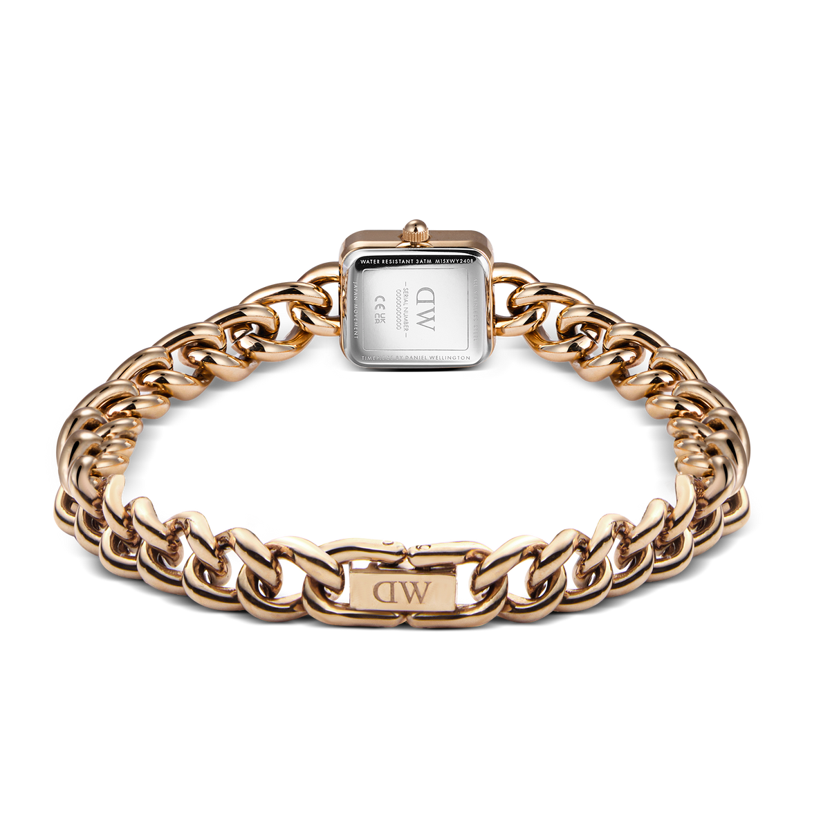 Back view of the Jolie Chain Rose Gold watch showing the stainless steel case back, chunky rose gold chain bracelet, and secure foldover clasp, highlighting the quality craftsmanship and adjustable design.