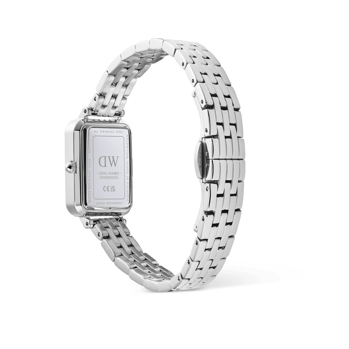 Rear view of the Quadro Roman Numerals Date 5-link Silver watch, showing the stainless steel case back, polished 5-link bracelet, butterfly clasp, and engraved details including serial number and Japanese movement.