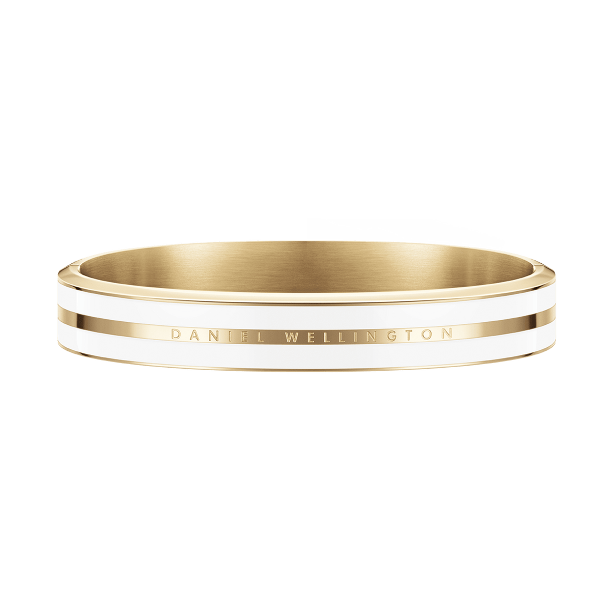 Polished gold-tone Emalie Infinite Gold Satin White bracelet featuring satin white enamel detailing and subtle Daniel Wellington branding, crafted from stainless steel for a refined, minimalist look.