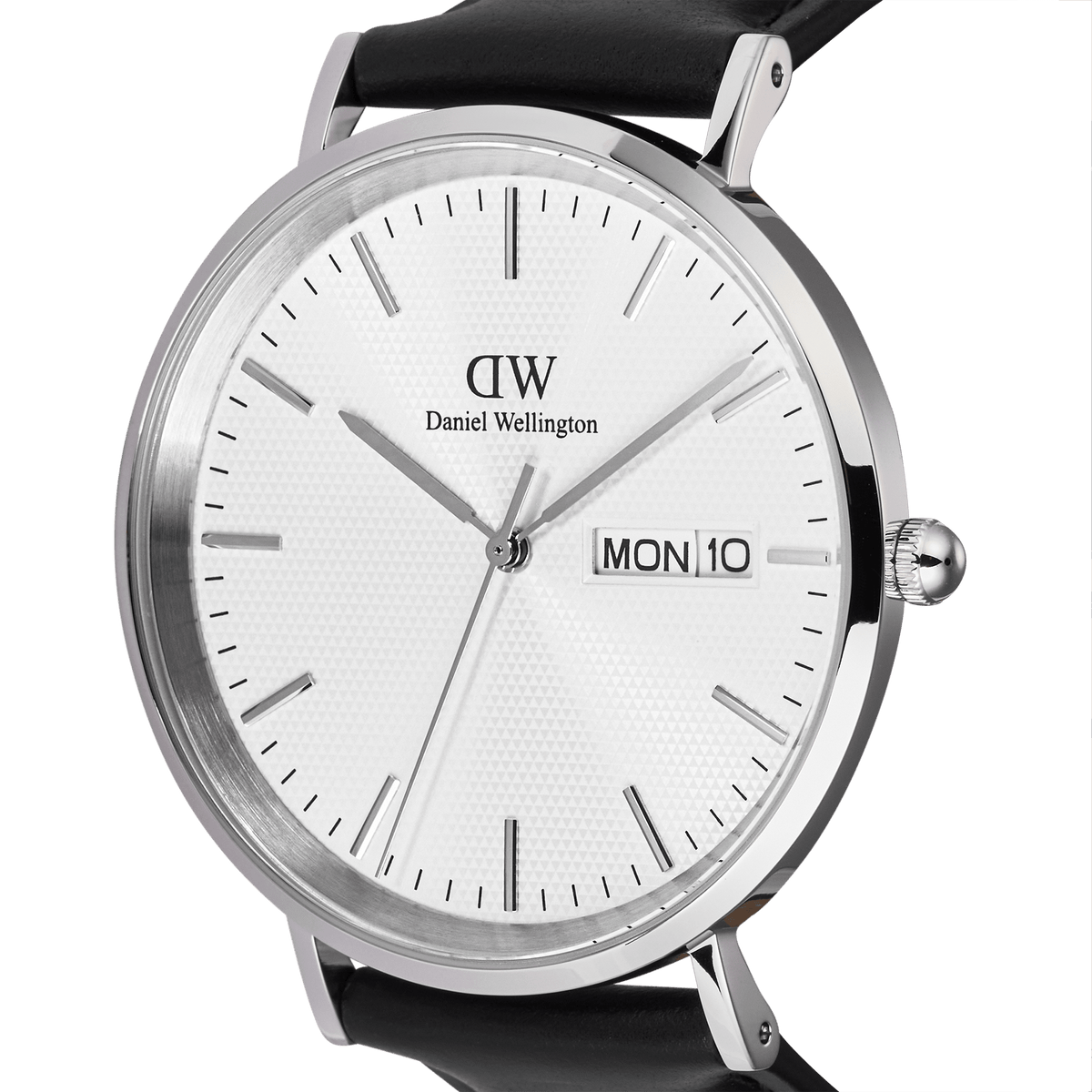 Close-up of the Classic Day Display Sheffield Silver watch showing the textured white dial, day and date window, polished silver stainless steel case, and black leather strap.