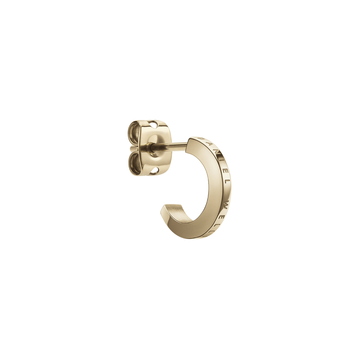 Elan Earrings Gold shown in close-up, featuring a polished gold huggie hoop with the Daniel Wellington logo engraved along the edge and a secure butterfly back for comfortable daily wear.