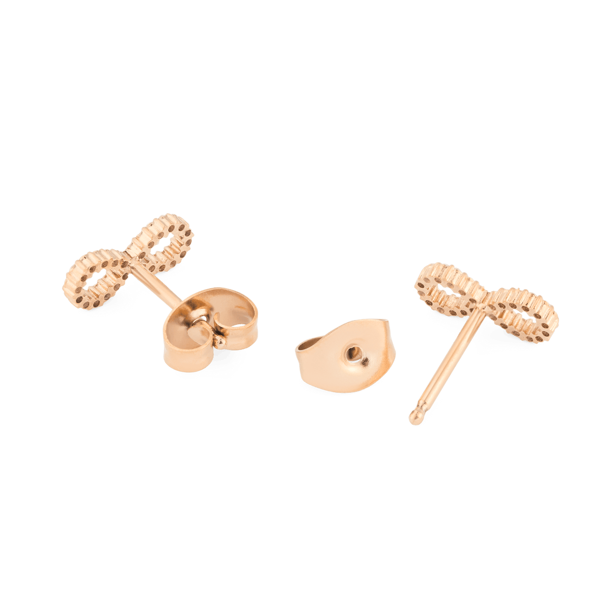 Mirelle Infinity Earring Rose Gold shown from the back and side, highlighting the rose gold finish, secure butterfly backs, and fine detailing on the infinity-shaped studs.