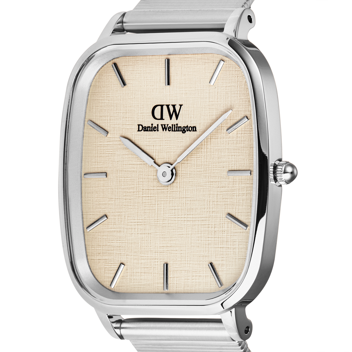 Close-up of the Marlon Wire Linen Silver men’s watch showing the rectangular stainless steel case, soft yellow linen-textured dial, minimalist hour markers, and polished silver finish.