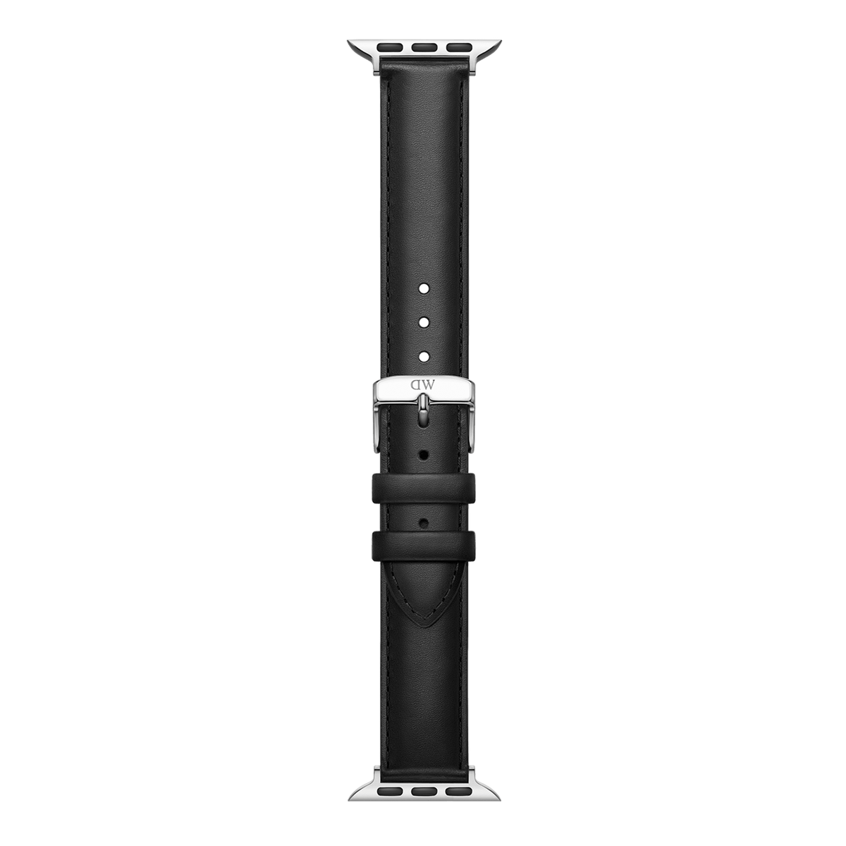 Smartwatch Strap Leather Silver designed for Apple Watch, featuring genuine black leather with neat stitching, adjustable holes, and silver hardware for a refined and comfortable fit.