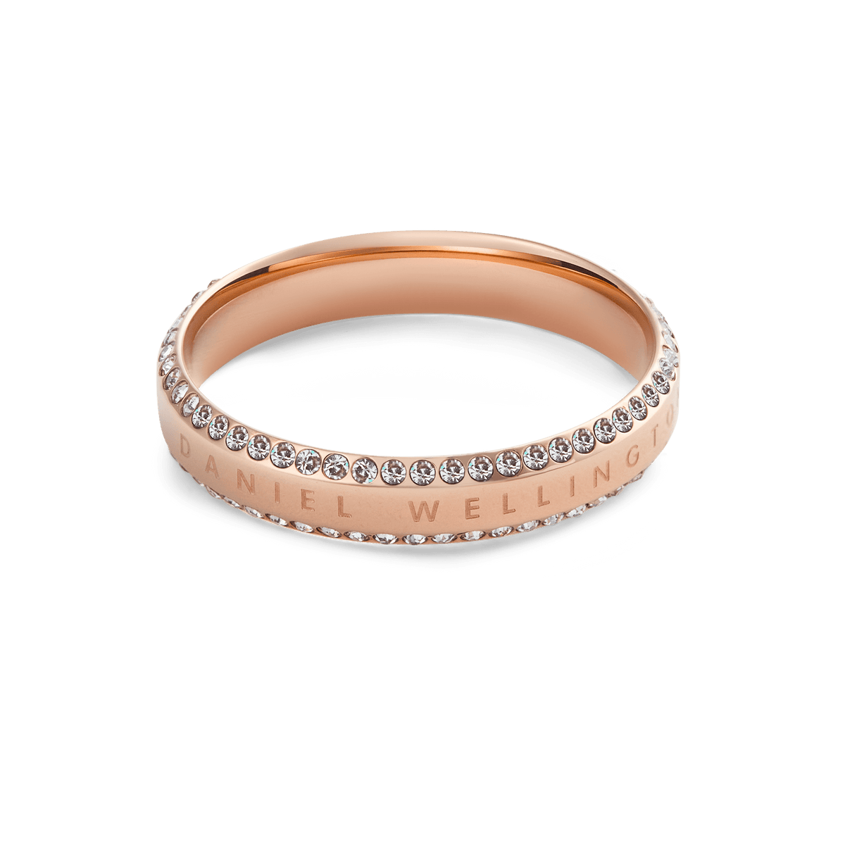 Classic Aura Duo Ring Rose Gold showcases a duo band design in rose gold with pavé-set white crystals and engraved branding, offering a sleek and contemporary style suitable for everyday jewellery collections.