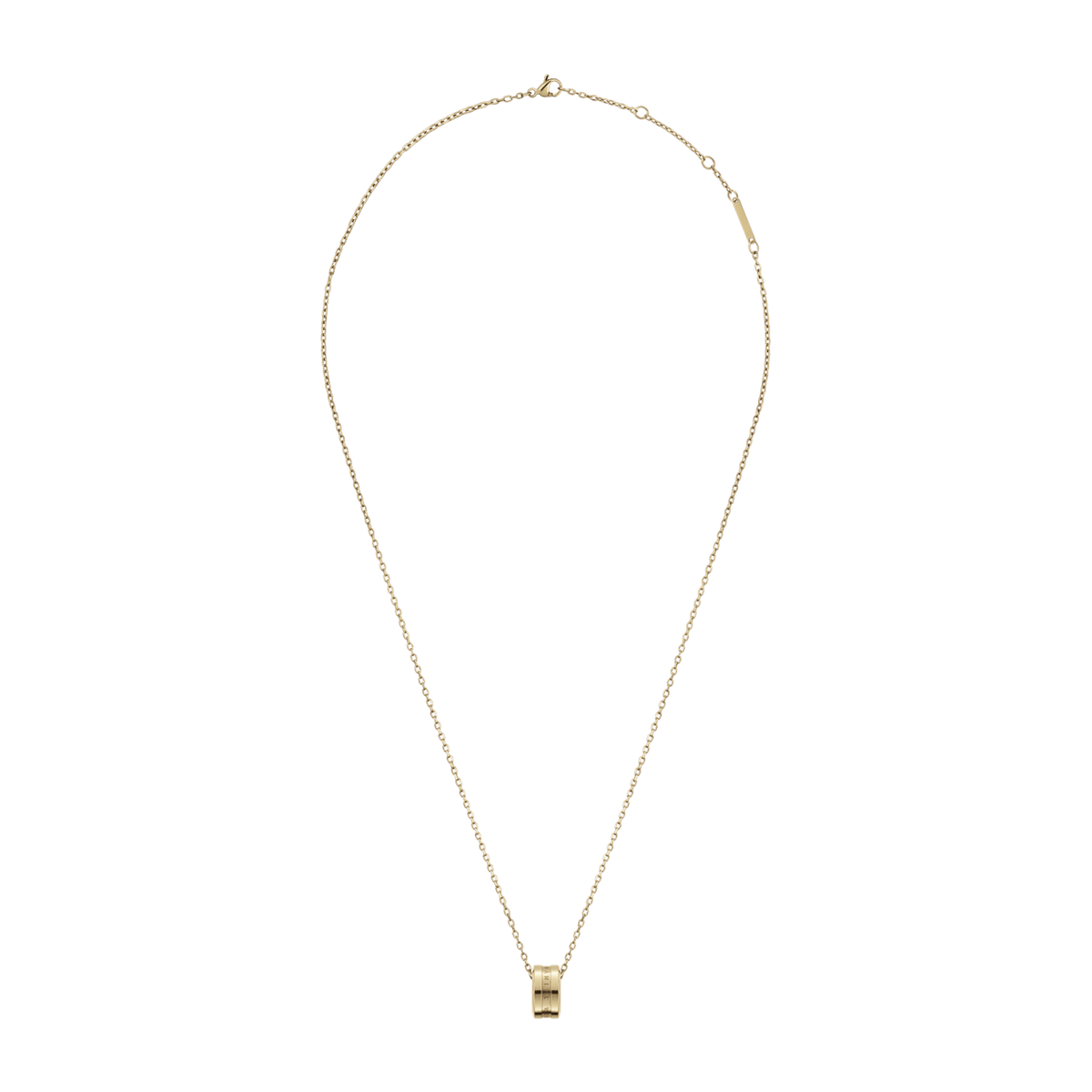 Elan Necklace Gold with an adjustable fine chain and a sleek gold ring pendant engraved with the Daniel Wellington logo, shown in a full-length view.