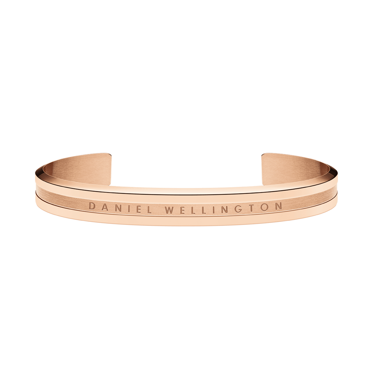 Minimalist Elan Bracelet Rose Gold by Daniel Wellington, featuring a warm rose gold tone, engraved logo, and open cuff style suitable for both men and women.