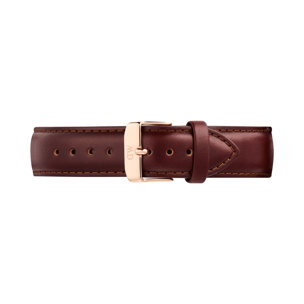 Brown leather watch strap with polished rose gold pin buckle, featuring subtle stitching and a tapered design suitable for men's watches.