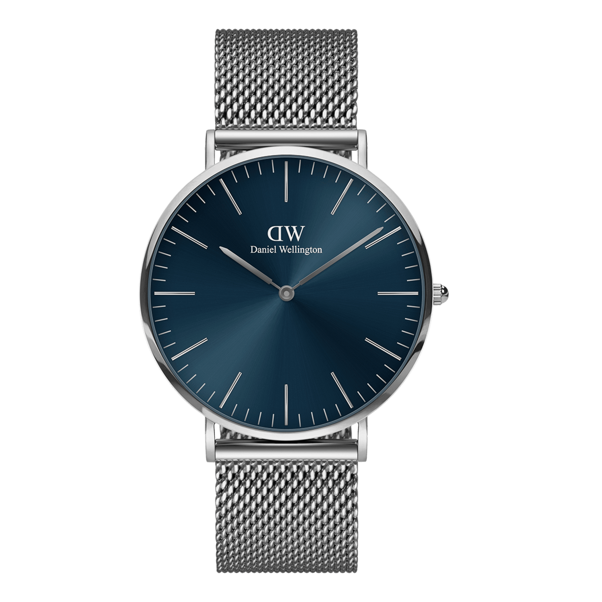 Classic Mesh Arctic Silver watch with a blue sunray dial, minimalist silver hour markers, and a bright silver stainless steel mesh strap, shown from the front to highlight its slim 40mm case and modern, versatile design.
