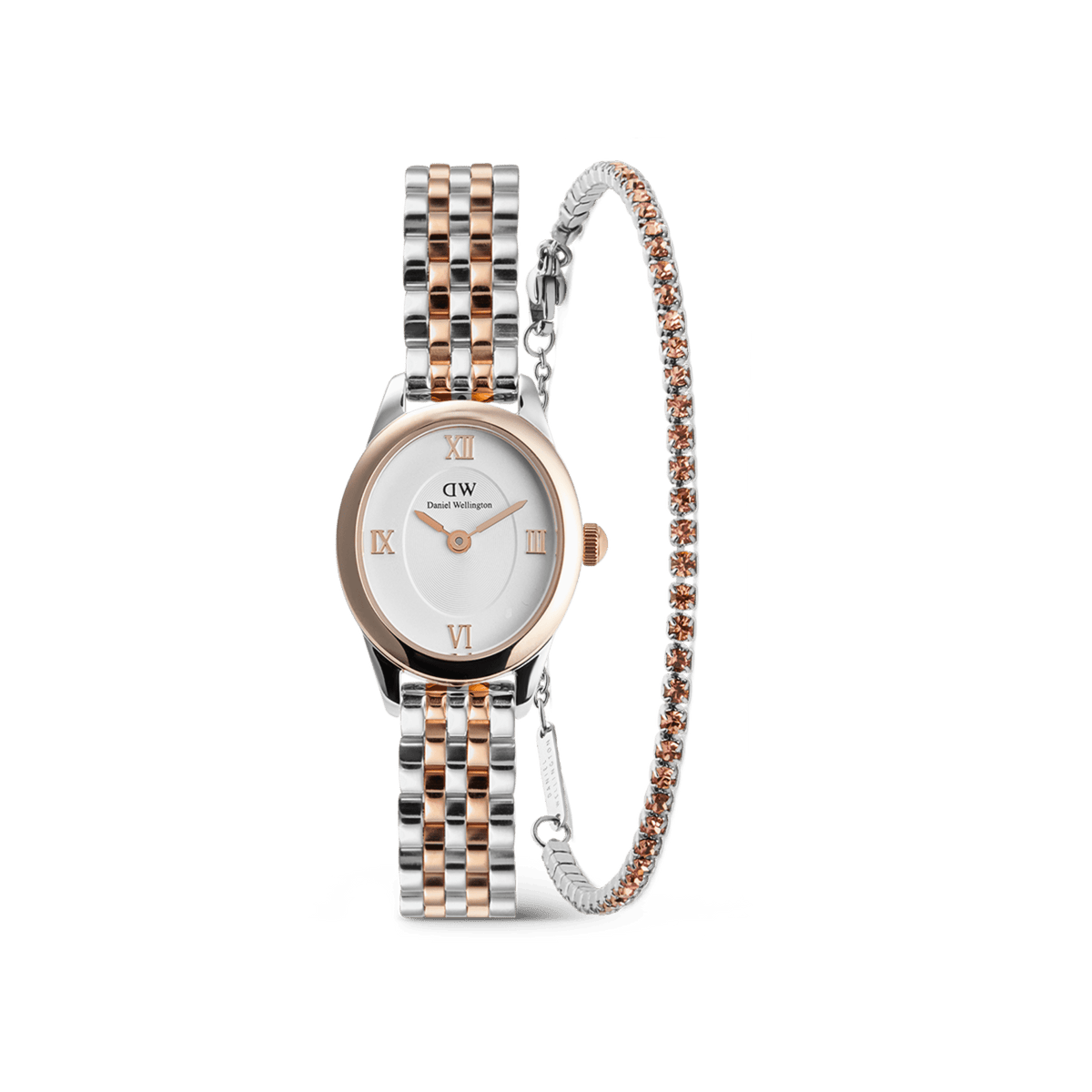 Ophelia Mini & Tennis Bracelet Apricot Silver Set featuring a petite oval watch with a two-tone silver and rose gold strap, paired with a slim tennis bracelet adorned with apricot-coloured crystals.