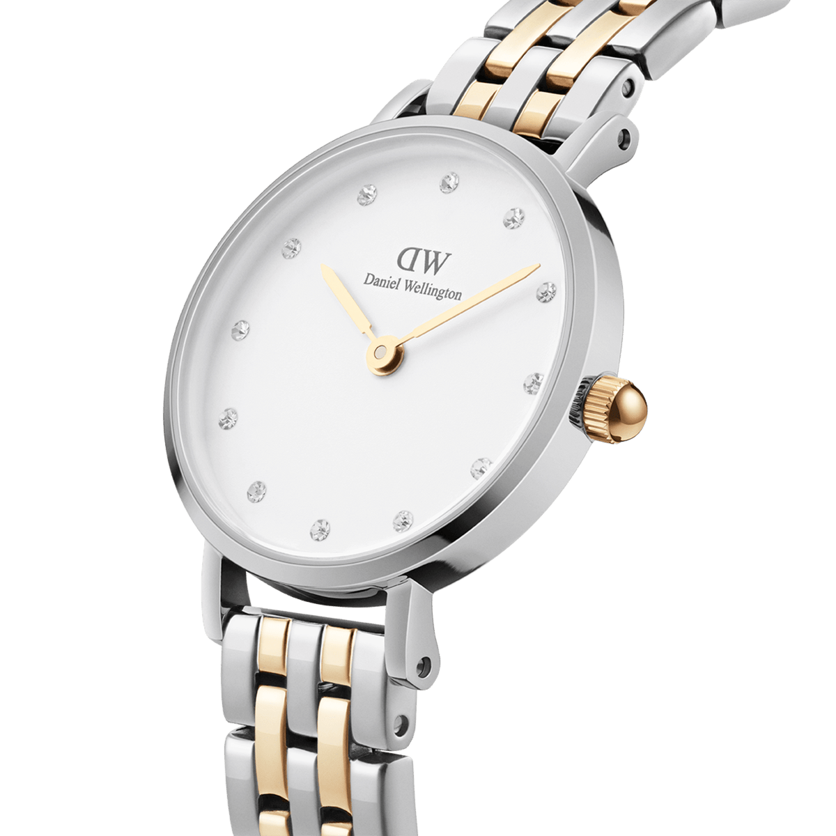 Close-up of the Petite Lumine 5-link two-tone ladies watch, showing its eggshell white dial with crystal markers and a polished silver and gold stainless steel bracelet, highlighting the elegant jewellery-inspired design.
