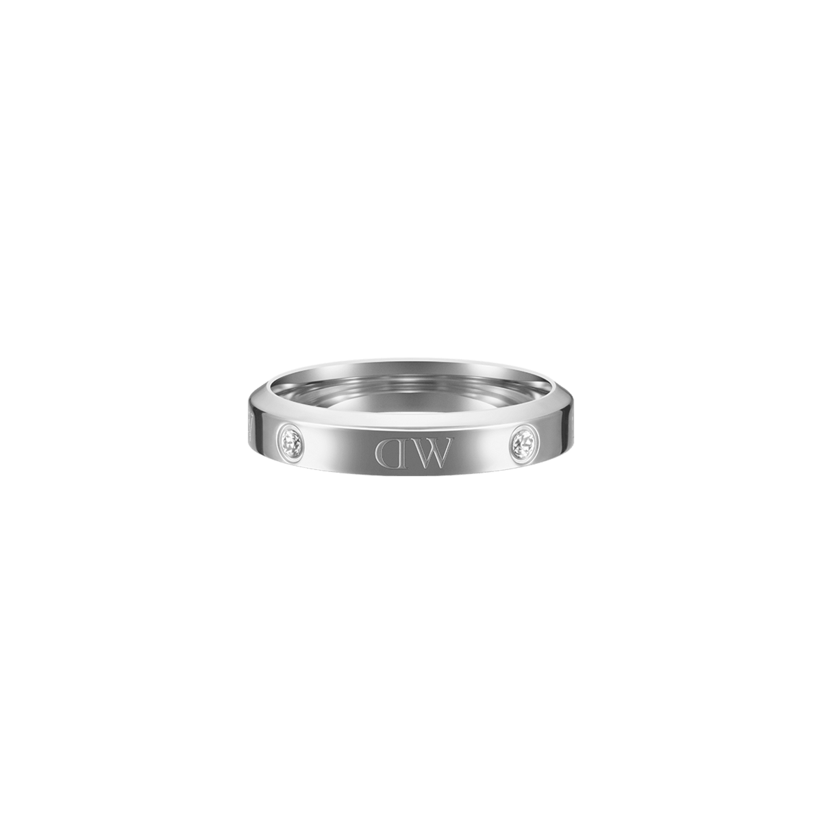 Classic Lumine Ring Silver with a slim, polished stainless steel band, featuring sparkling crystal stones and engraved logotype details for a modern, elegant finish.