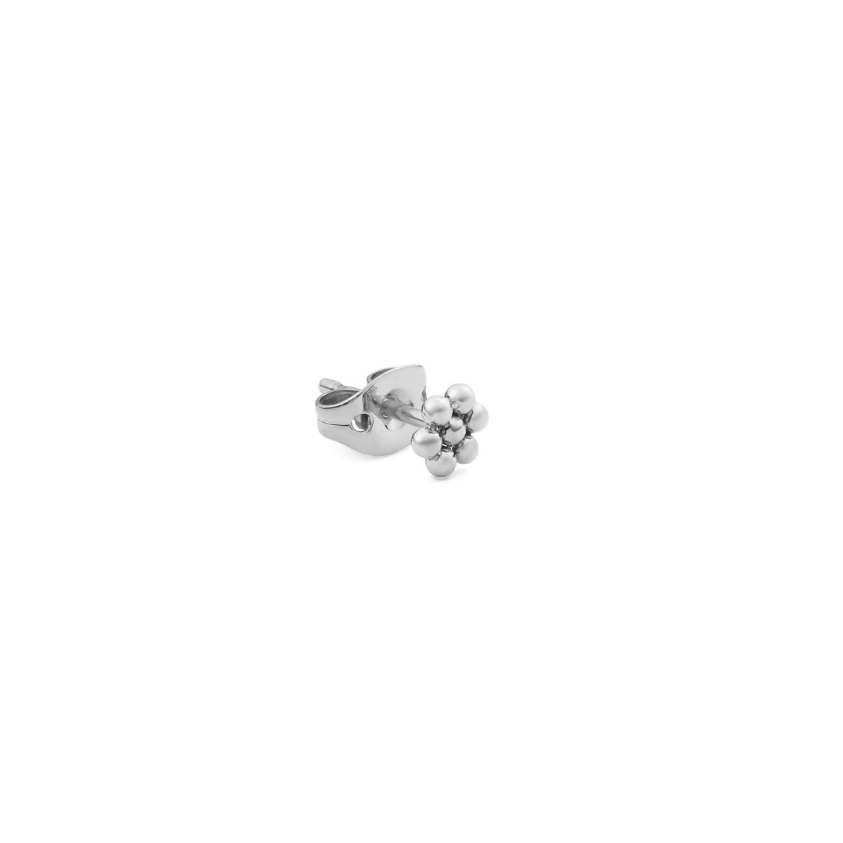 Flower Stud Silver earring with a petite floral motif and polished stainless steel finish, shown with a secure backing for comfortable everyday wear.