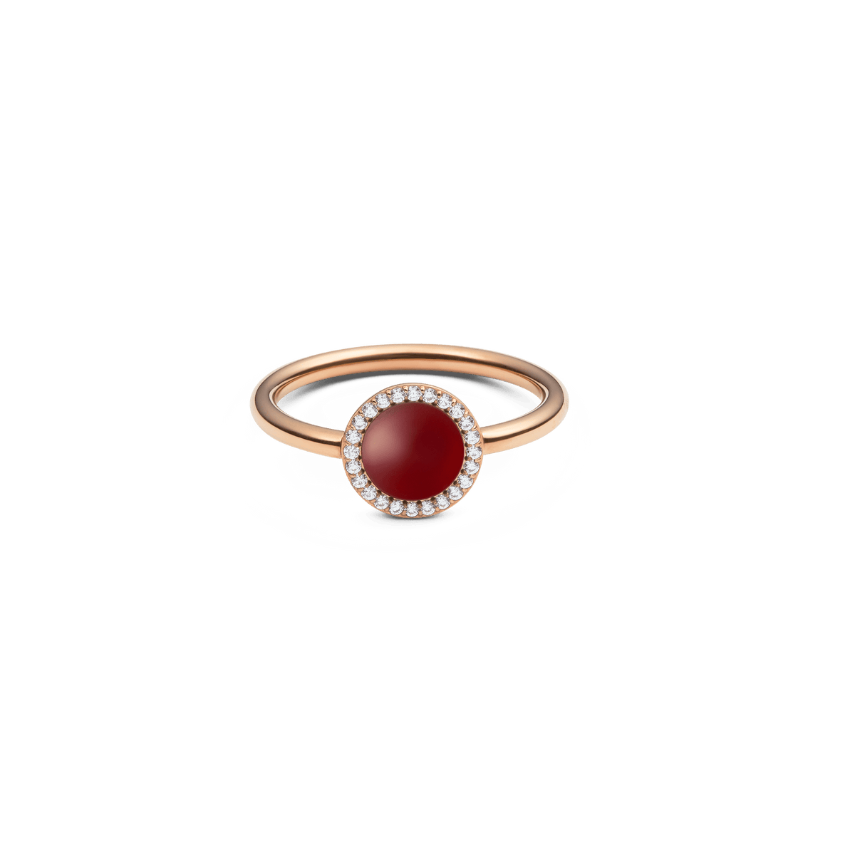 Rose gold ring featuring a domed red agate stone at the centre, encircled by a halo of white cubic zirconia crystals on a slim, polished band.