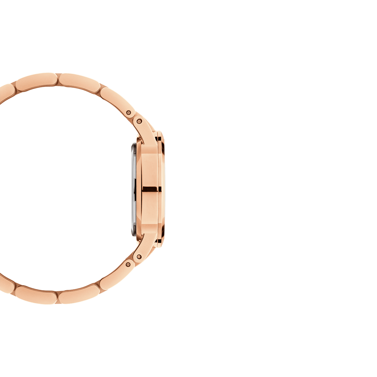 Side profile of the Iconic Link Unitone RG rose gold ladies watch, showing its slim case and seamless rose gold link bracelet, ideal for a comfortable and elegant fit.