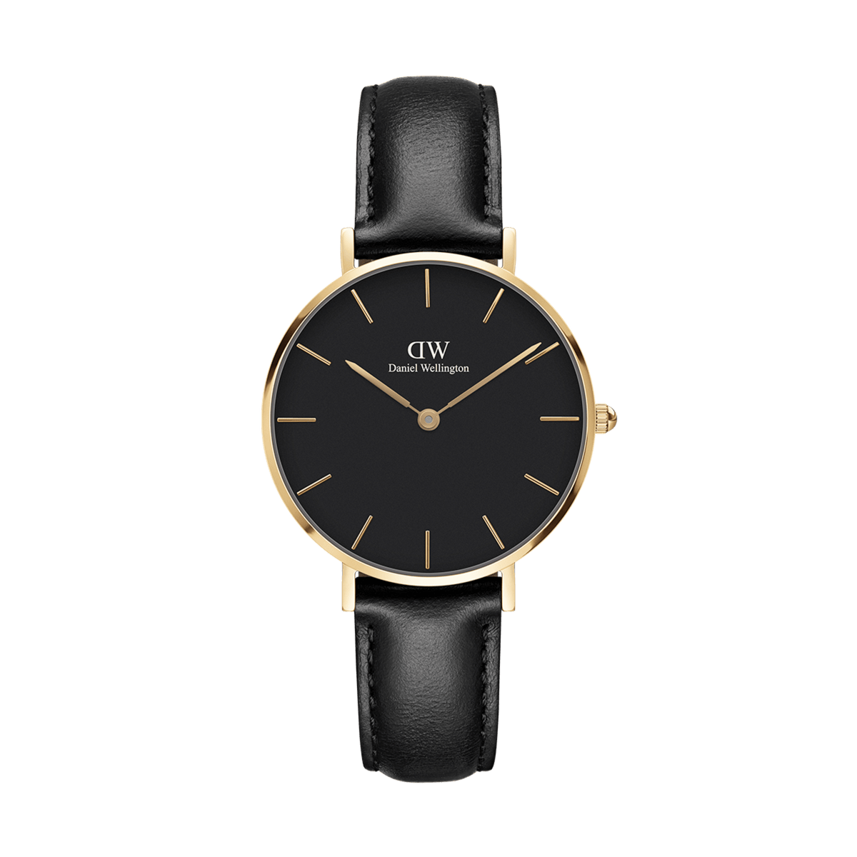 Petite Sheffield Black Gold ladies watch featuring a 32mm round black dial with slim gold markers, polished gold stainless steel case, and a genuine black leather strap, showcasing minimalist elegance suitable for both formal and casual wear.