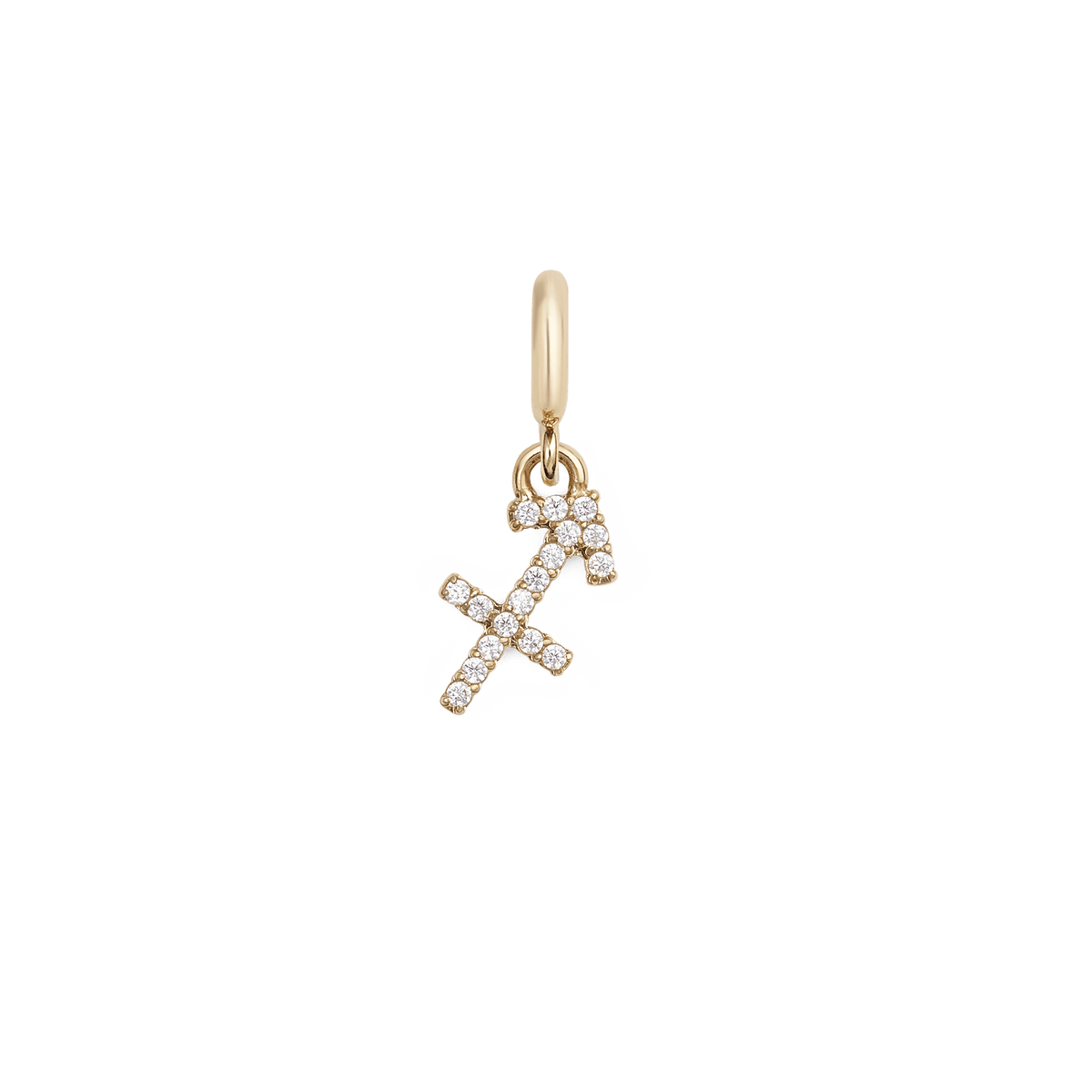 Gold Sagittarius zodiac watch charm with sparkling cubic zirconia crystals, featuring an arrow symbol in a secure claw setting for versatile styling on watches, bracelets, or layered jewellery.