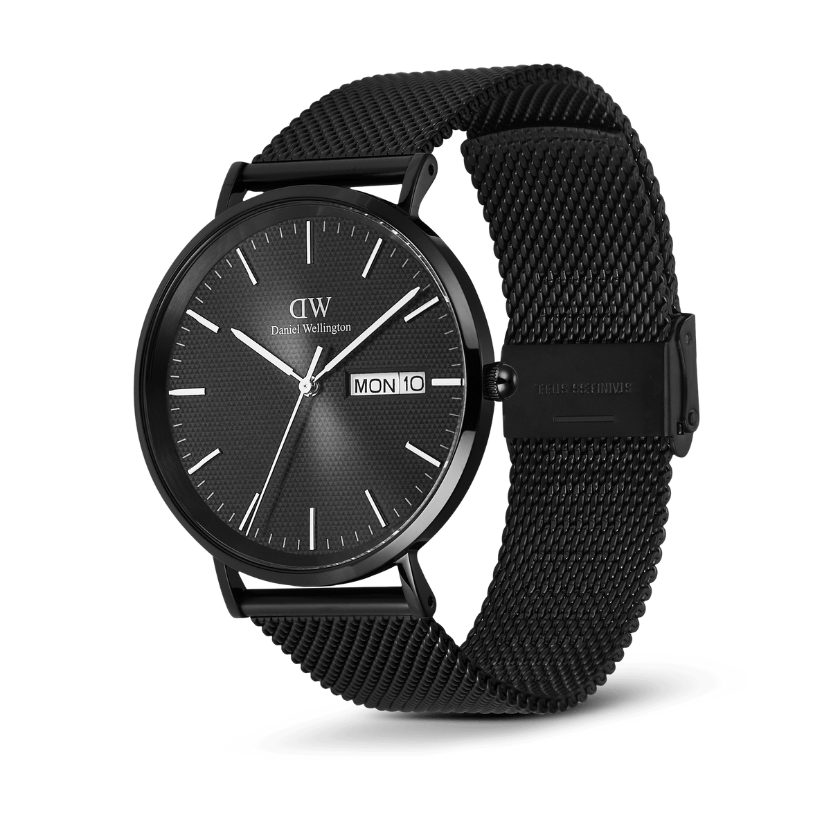 Classic Day Display Onyx Black men's watch featuring a textured black dial, day and date display, and an adjustable black mesh stainless steel strap.