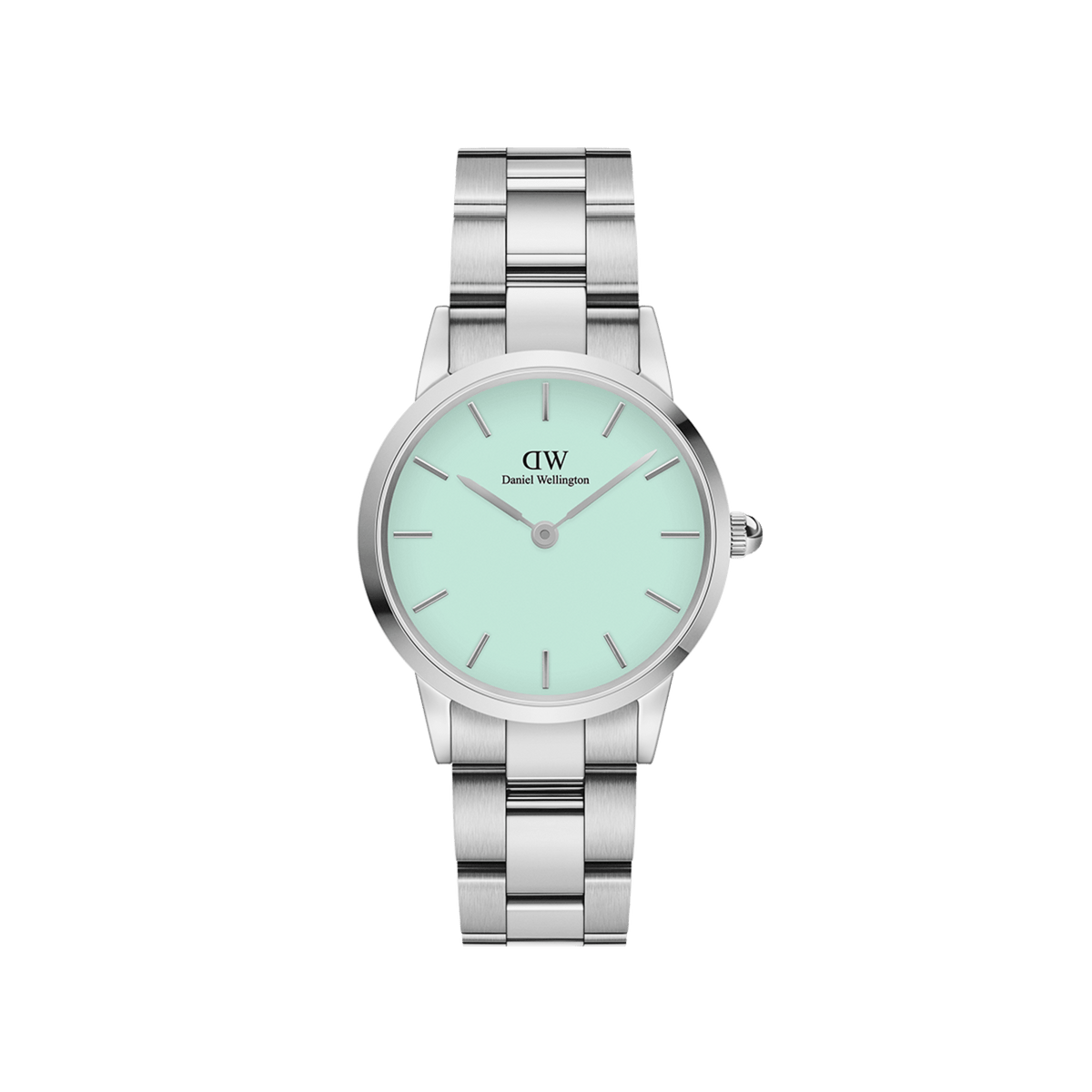 Silver ladies watch with a mint green dial, minimalist hour markers, and a polished stainless steel bracelet, showcasing the modern and distinctive style of the Iconic Link Mint Silver.