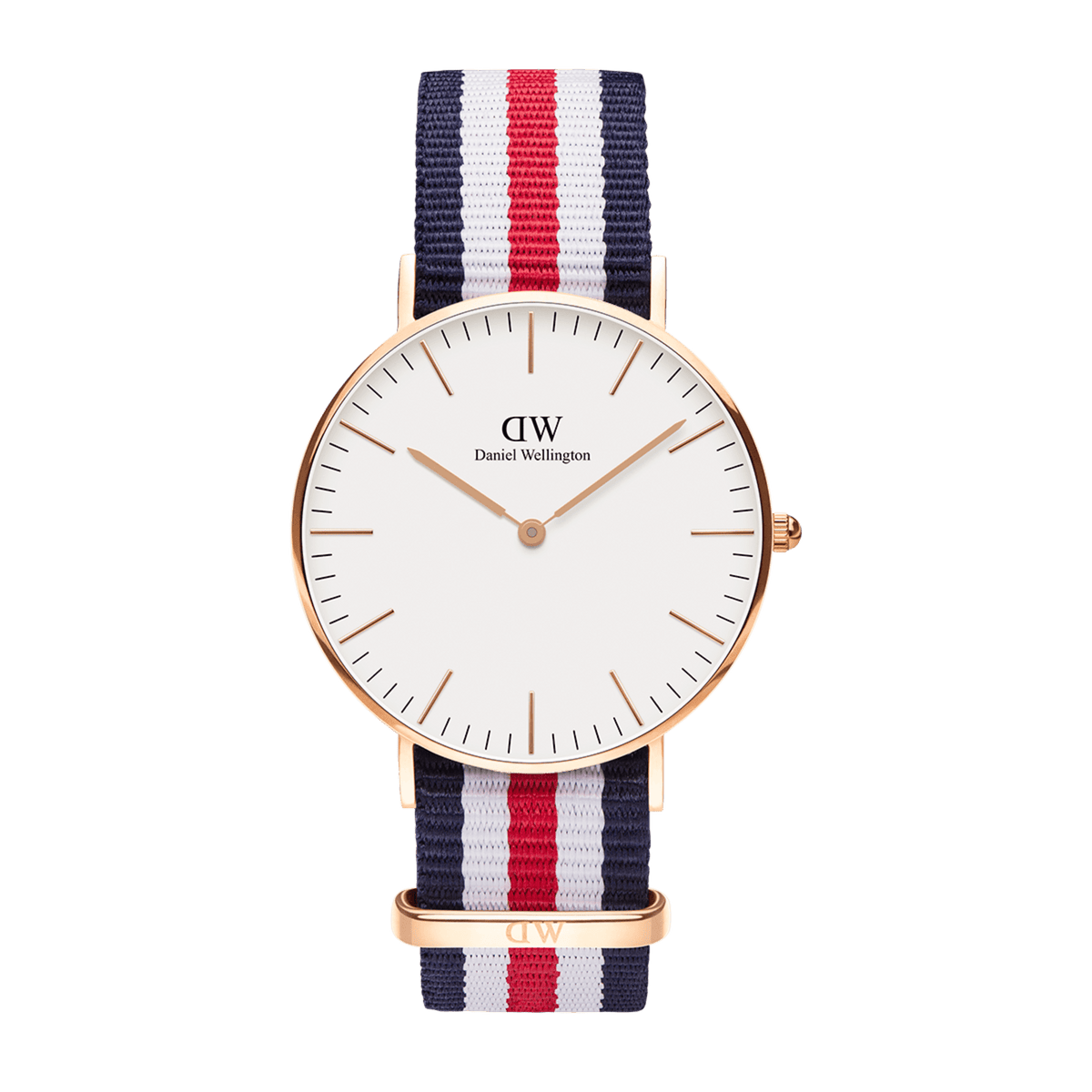Classic Canterbury Rose Gold watch featuring a slim rose gold case, minimalist eggshell white dial, and a blue, white, and red striped NATO strap, designed for both men and women.