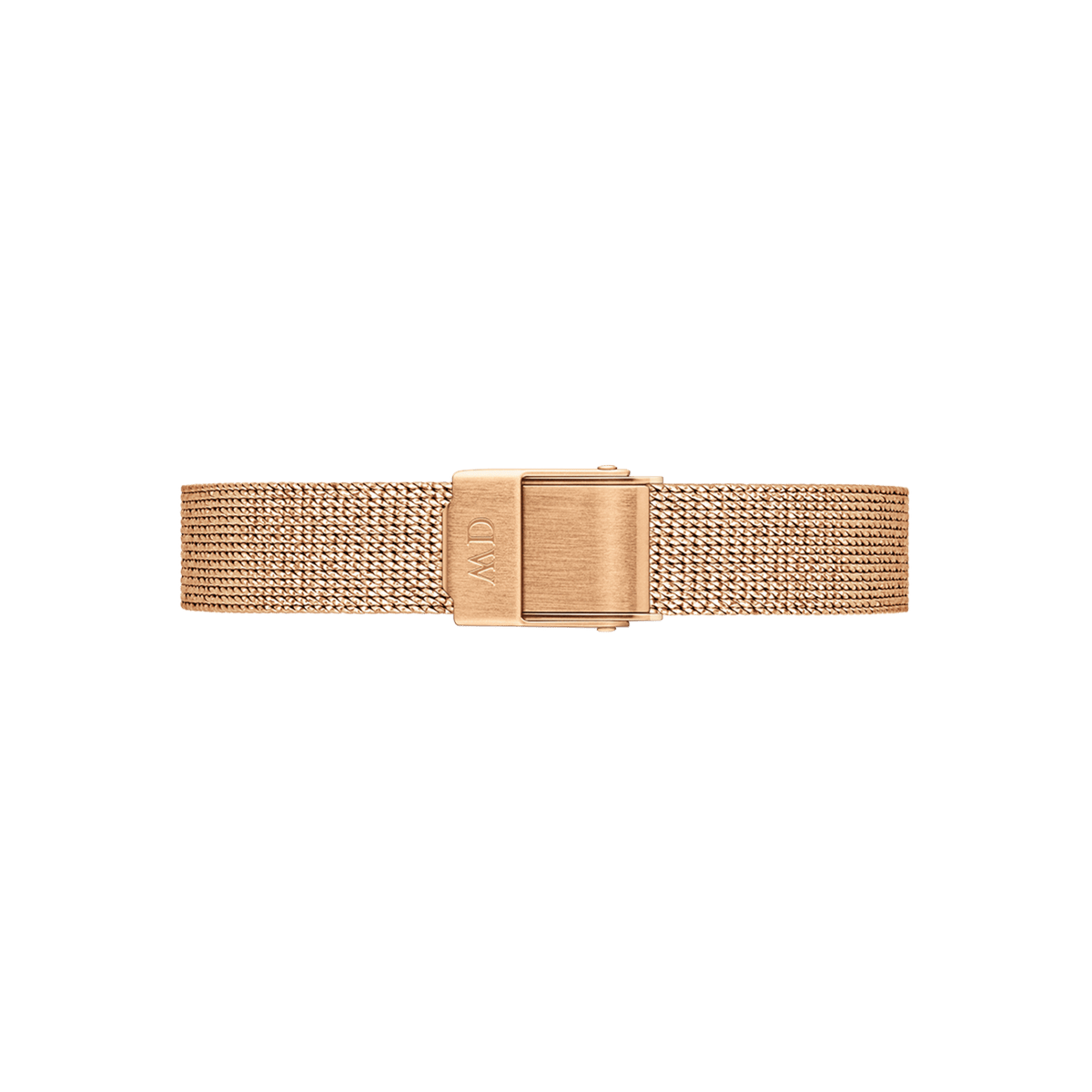 Rose gold mesh watch strap with a pressed pattern and a polished fold-over clasp, designed for petite watches and offering a slim, elegant profile.