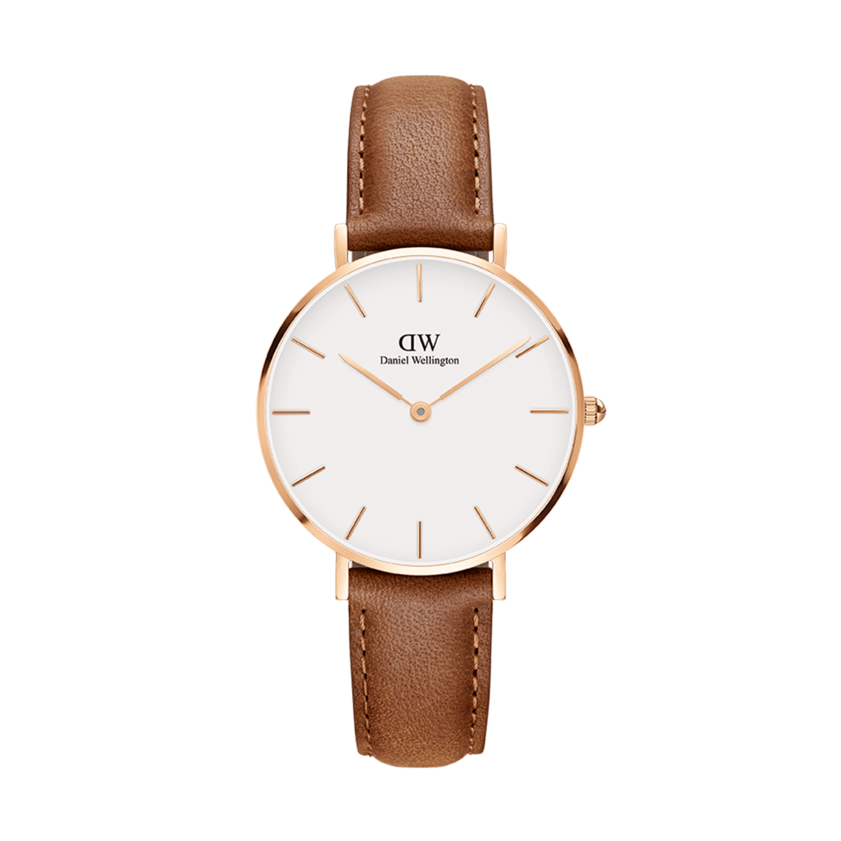 Petite Durham Rose Gold ladies watch with a minimalist eggshell white dial, rose gold case, and light brown leather strap, designed for everyday elegance and comfortable wear.