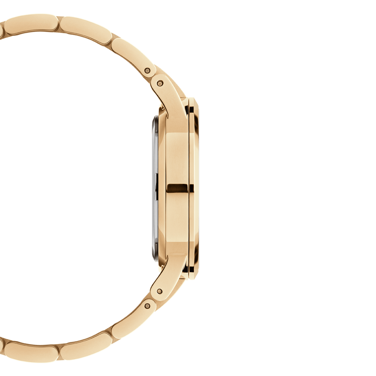 Side profile of the Iconic Link Emerald Gold watch highlighting its slim gold-plated stainless steel case and bracelet, designed for a comfortable fit on the wrist.