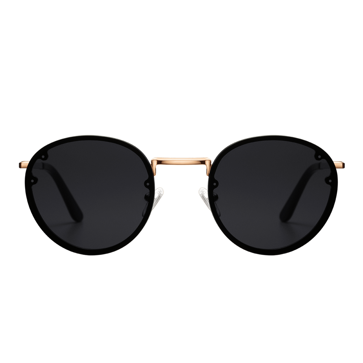 Arch Steel Black sunglasses with round black nylon lenses, rose gold plated stainless steel frame, and slim black arms, designed for UV400 protection and minimalist style.