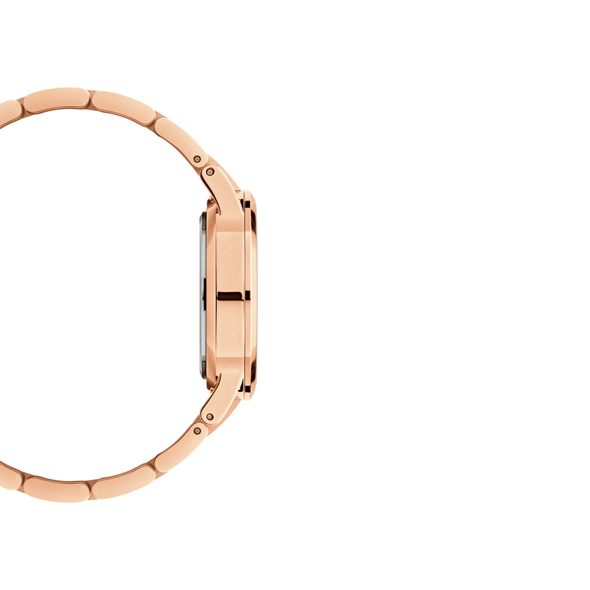 Side profile of the Iconic Link Pink Rose Gold ladies watch, showing the slim rose gold stainless steel case and link bracelet.