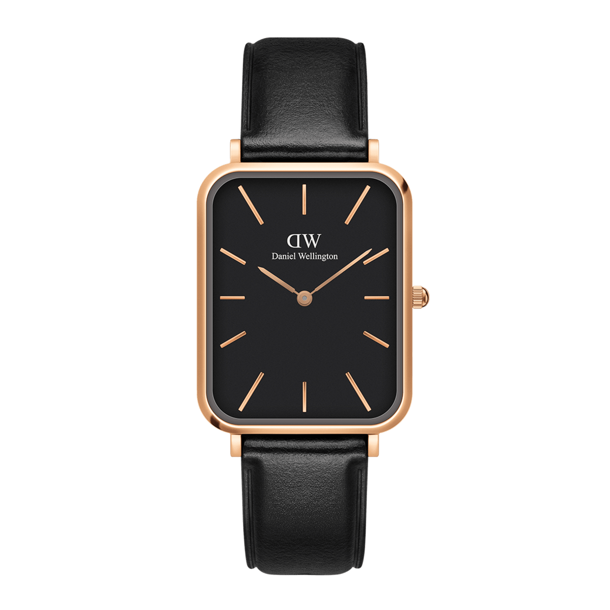 Quadro Pressed Sheffield B 29x36,5 Rose Gold featuring a rectangular black dial, rose gold-plated stainless steel case, and slim black leather strap, designed for a refined and versatile ladies watch.