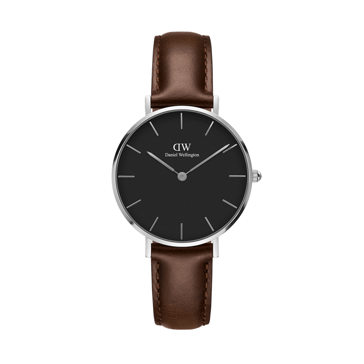 Daniel Wellington Petite Bristol Black Silver watch featuring a minimalist black dial, polished silver case, and a dark brown genuine leather strap with subtle stitching.