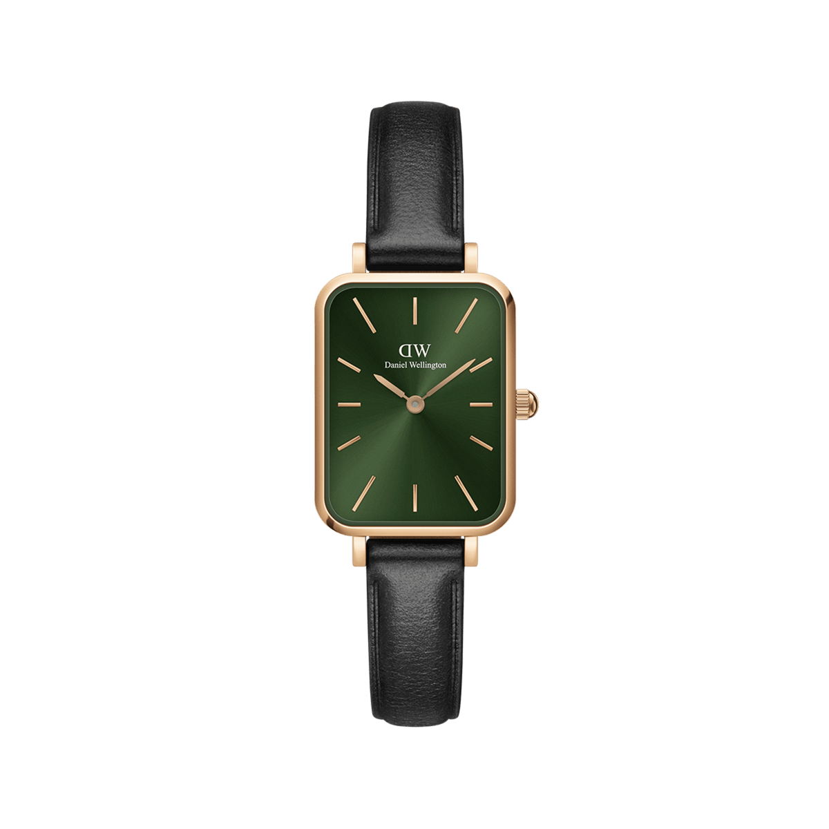 Quadro Pressed Sheffield Emerald Rose Gold watch with a rectangular rose gold case, emerald green dial, and black leather strap, showcasing a minimalist and elegant design suitable for everyday wear.