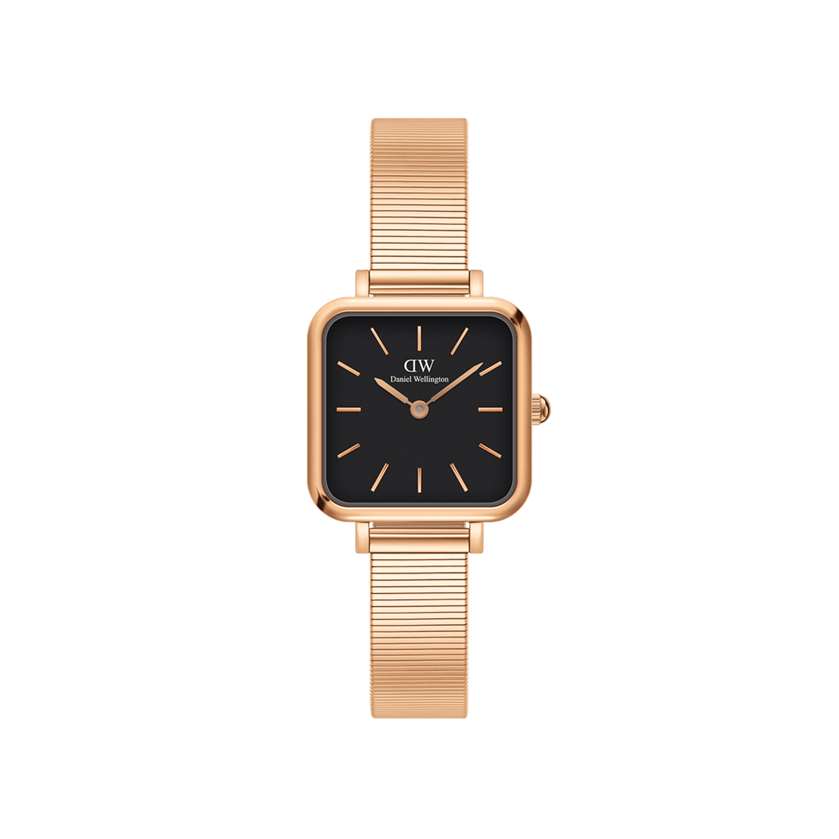 Quadro Studio Black Rose Gold watch featuring a square black dial, minimalist rose gold markers, and a slim rose gold piano link strap, designed for women seeking a refined and versatile accessory.