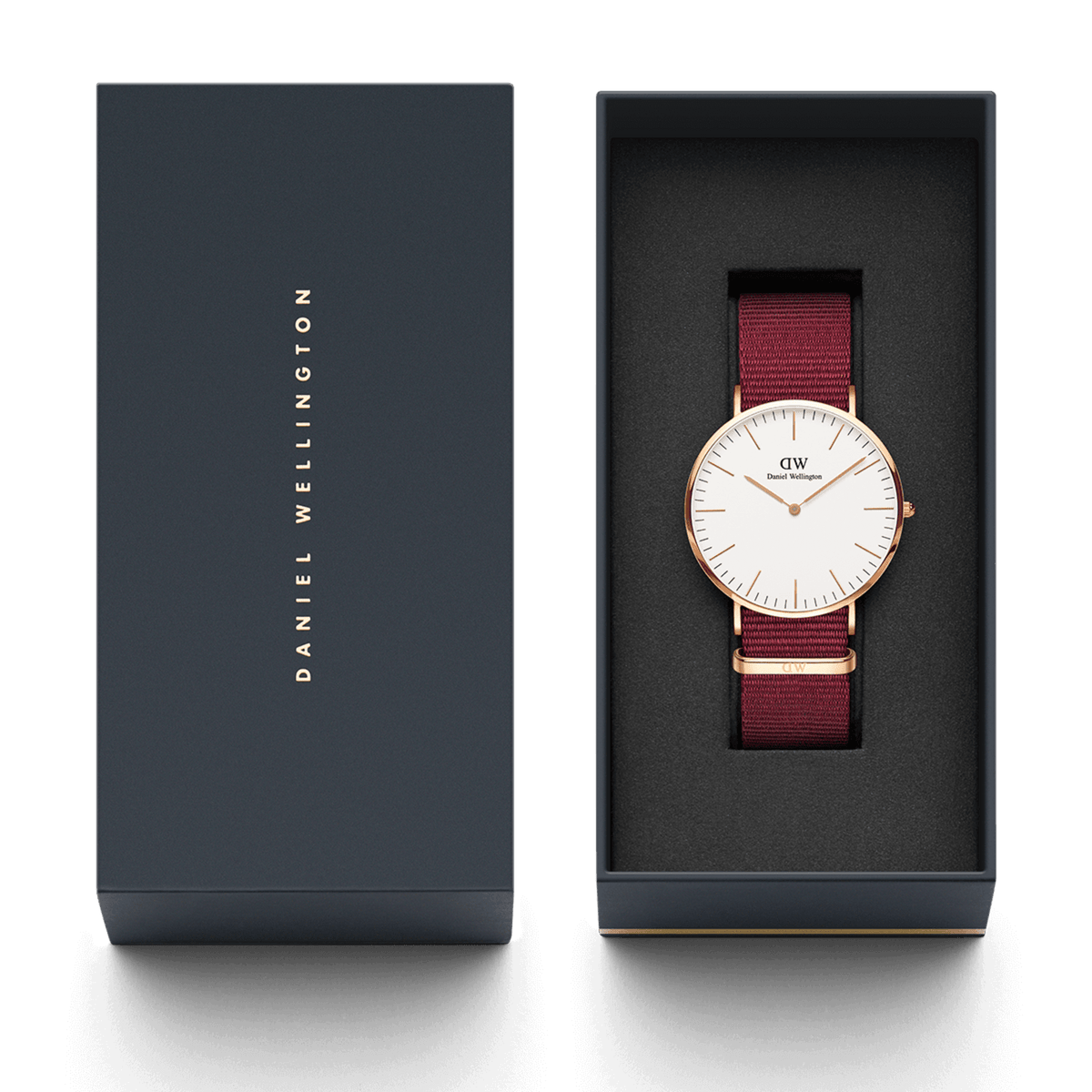 Classic Roselyn Rose Gold ladies watch with a rose gold case and ruby red NATO strap, presented in an elegant Daniel Wellington gift box, ideal for gifting or special occasions.