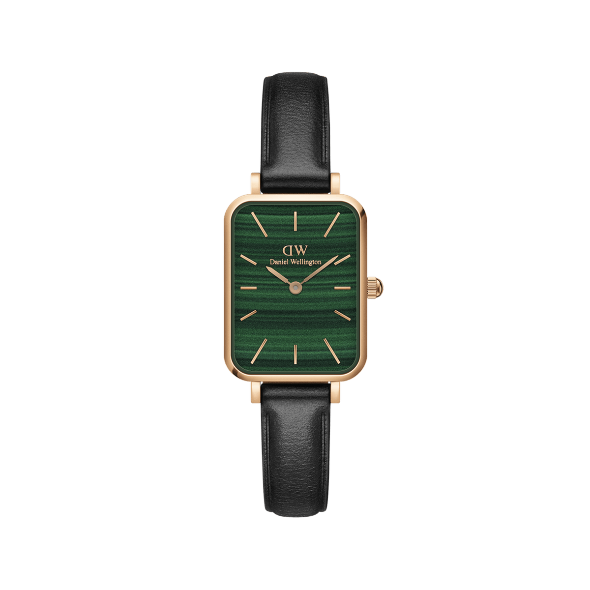 Quadro Pressed Sheffield Green Rose Gold features a rectangular rose gold case, a minimalist green dial, and a black leather strap, offering a refined and versatile look suitable for everyday wear.