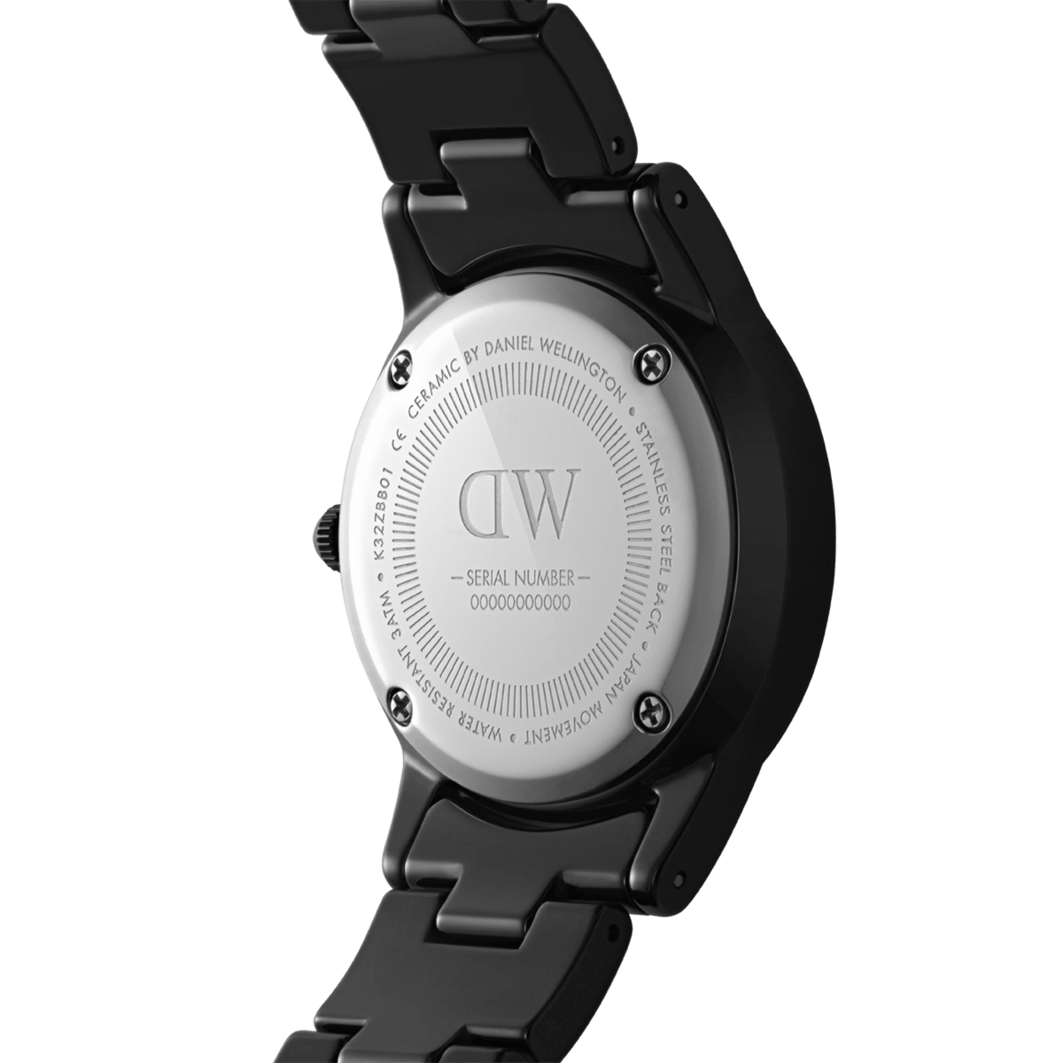 Back view of the Iconic Link Ceramic watch showing the stainless steel case back, engraved branding, and glossy black ceramic bracelet, highlighting water resistance and premium construction.