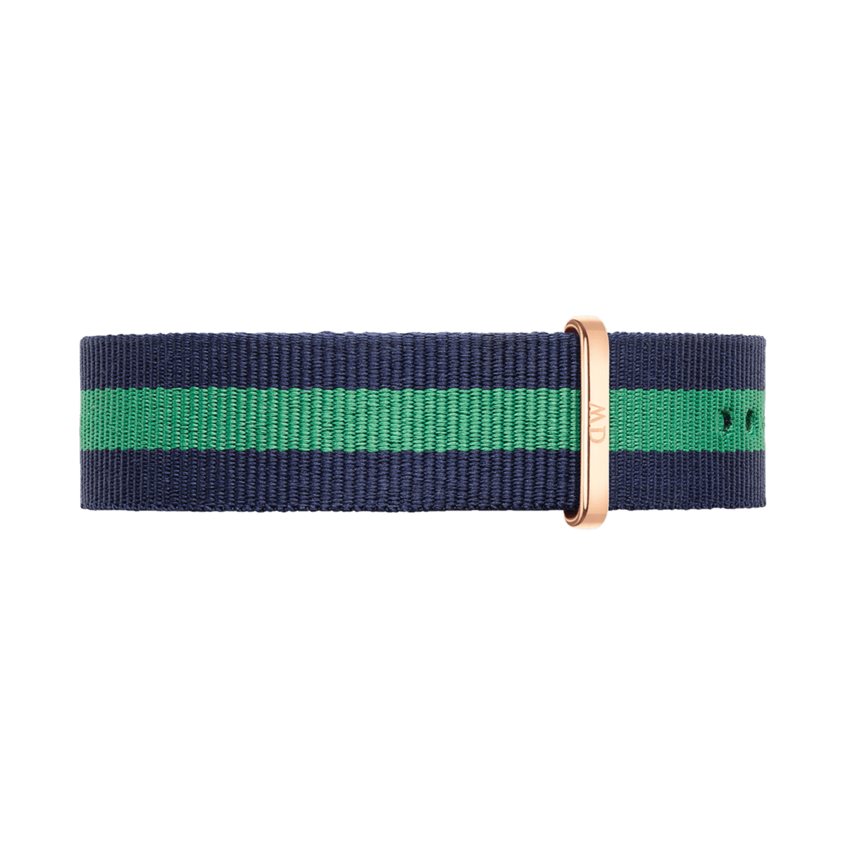 Navy and green NATO fabric strap for the Classic Warwick Rose Gold watch, featuring an adjustable fit and a rose gold buckle for added style and versatility.