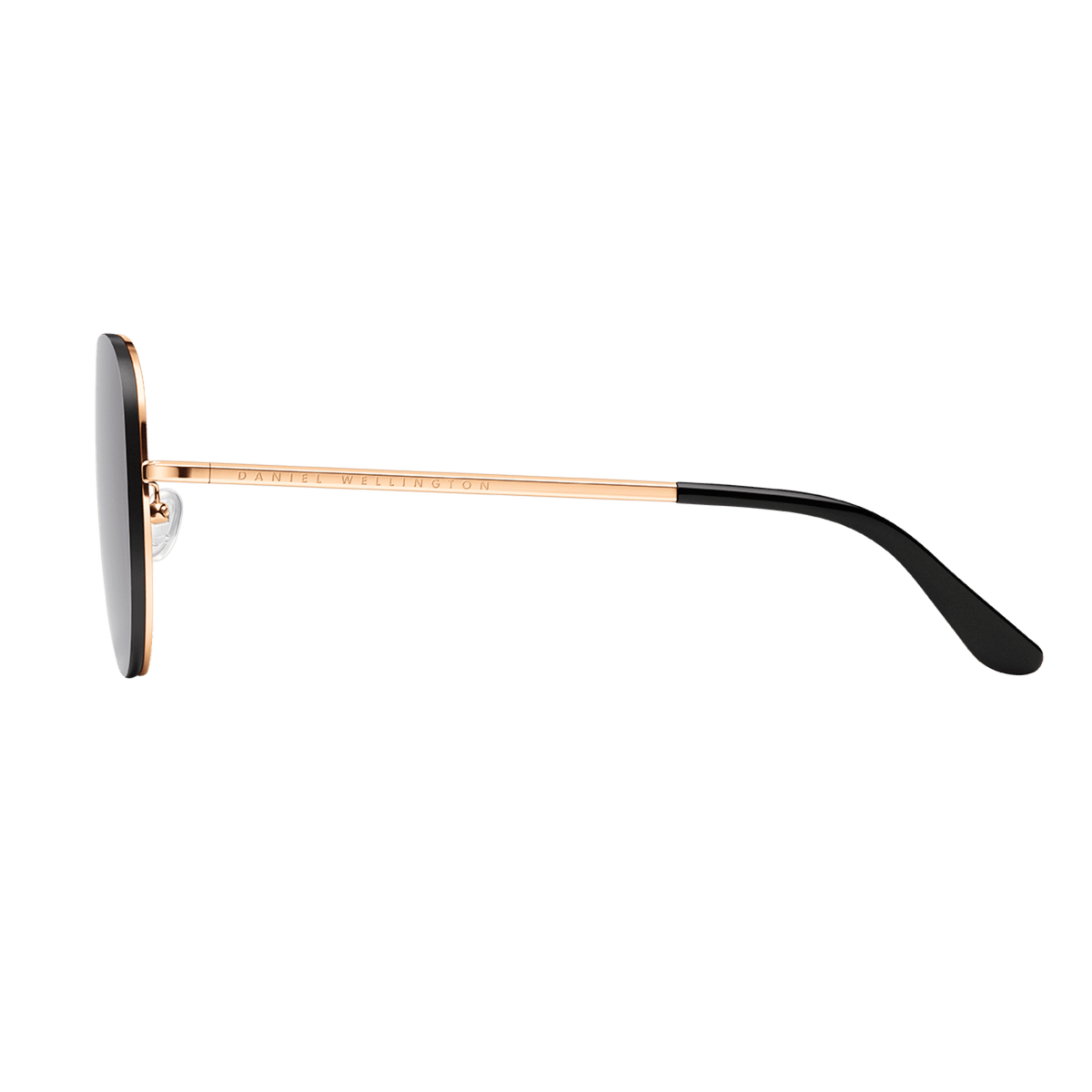 Side view of Avion Steel Rose Gold sunglasses showing the slim rose gold plated stainless steel arm with subtle Daniel Wellington branding and black temple tip.